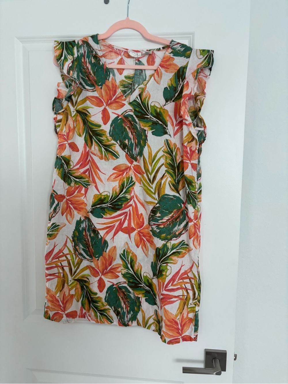 Nicole Miller Linen Floral Ruffle-Sleeve V-Neck Tunic Dress Green & Orange